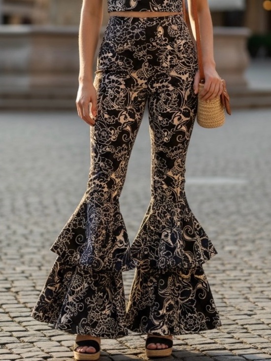 Pants - Floral Ruffle Bell-Bottom Pants - Navy/Cream